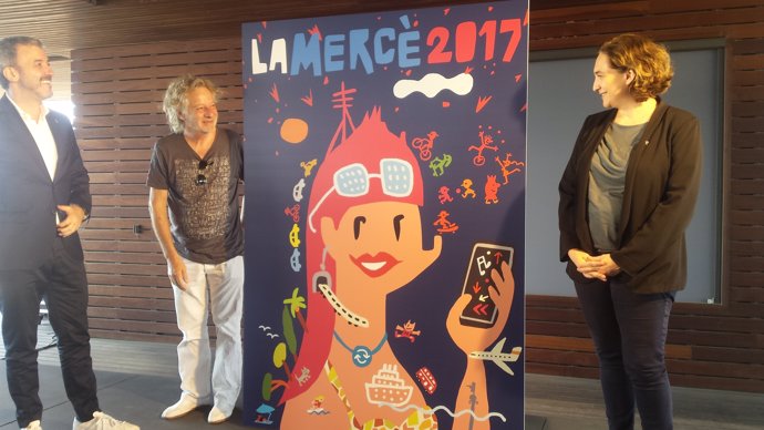 Cartell de la Mercè de 2017 amb J.Collboni, J. Mariscal i  Ada Colau