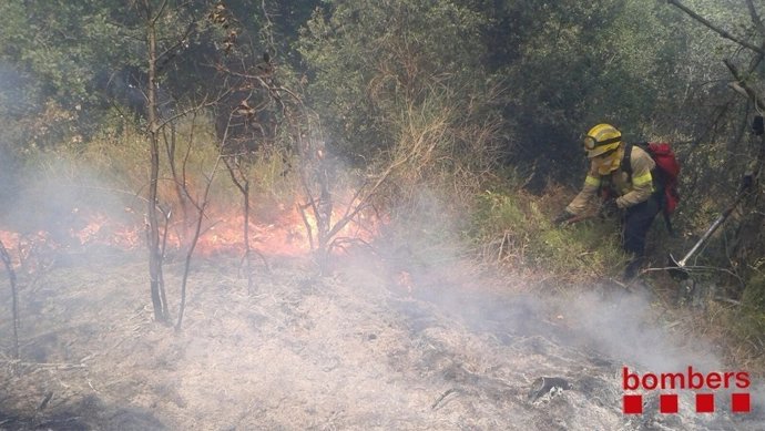 Los Bomberos de la Generalitat trabajan en un incendio forestal en Teià