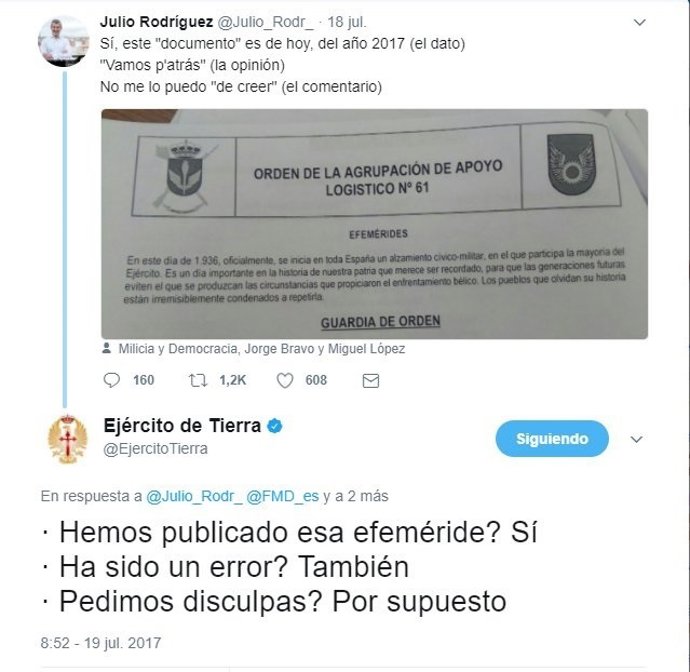 El Ejército de Tierra publica una efeméride del "alzamiento cívico-militar"