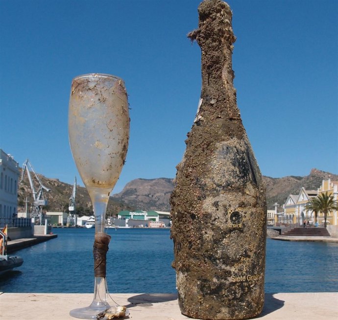 Botella y copa recogida del mar