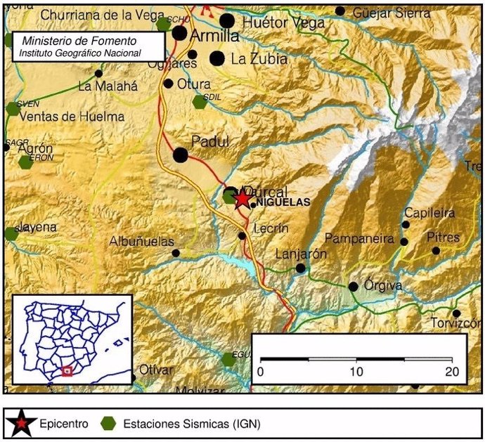 Localización del epicentro del terremoto en Nigüelas 