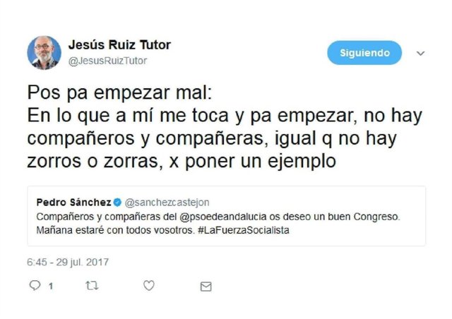 Tuit de Ruiz Tutor sobre mujeres