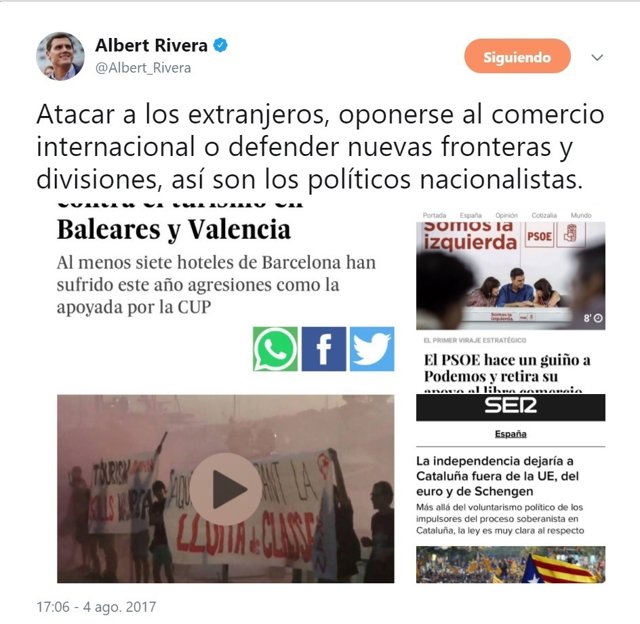 Tuit de Albert Rivera mezclando al PSOE con la CUP y los independentistas