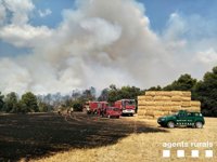 Los bomberos trabajan en un incendio de vegetación en Artesa de Segre (Lleida)