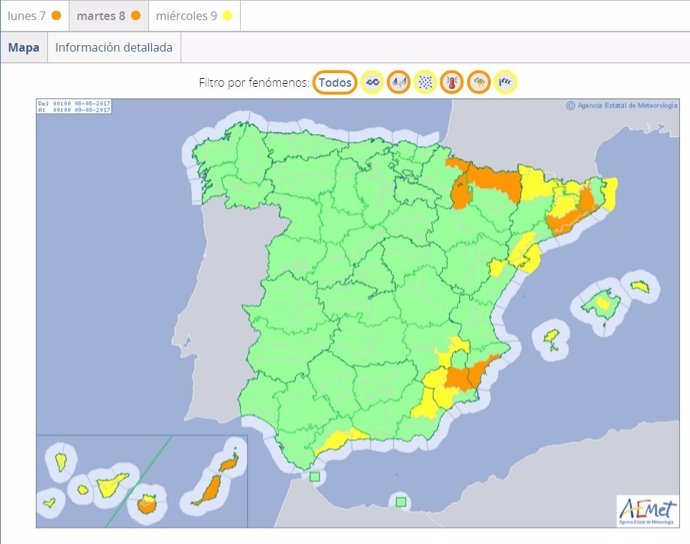 Mapa de alertas del tiempo en agosto