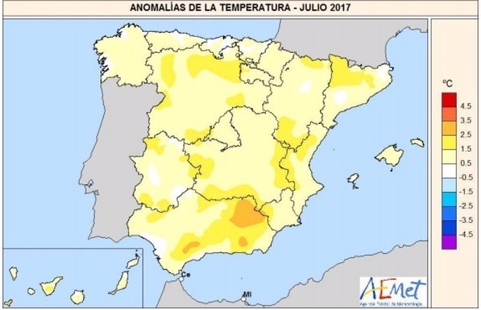 Anomalía de temperaturas en el mes de julio