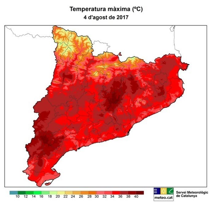 Mapa de la temperatura màxima de Catalunya el 4 d'agost del 2017