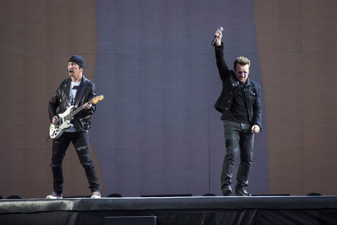 The Edge and Bono of U2 performs Joshua Tree live on stage at Twickenham Stadium