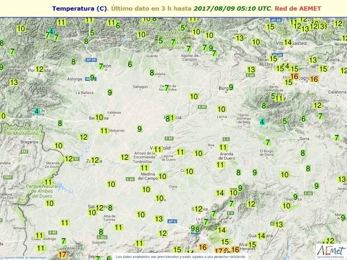 Cuadro de temperaturas en Castilla y León