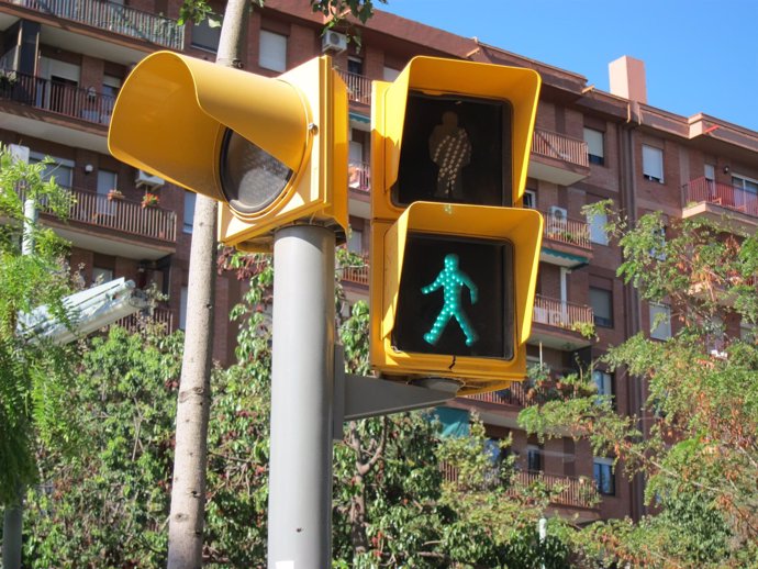 Semáforo de peatones en verde, peatón