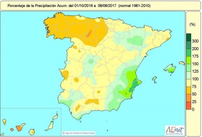 Distribución de lluvias en España de octubre de 2016 al 8 de agosto de 2017