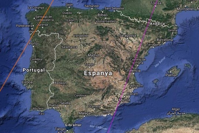 Franja de la península Ibèrica en la qual podrà veure's l'eclipsi solar parcial