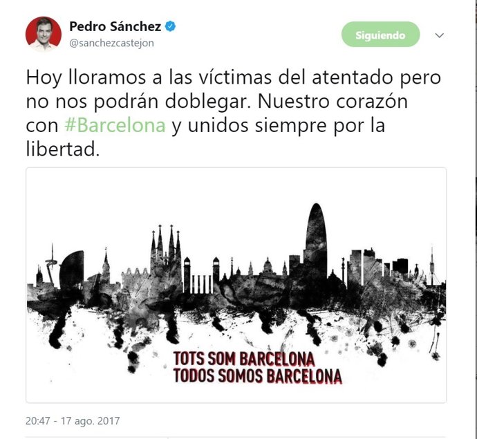 Missatge de condemna de Pedro Sánchez per l'atemptat de Barcelona 