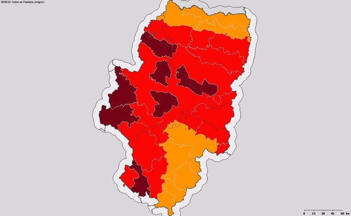 Mapa de riesgo de incendios rojo plus en Aragón