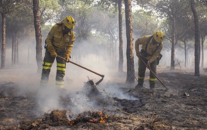 Efectivos trabajando para apagar el incendio de Moguer (Huelva)