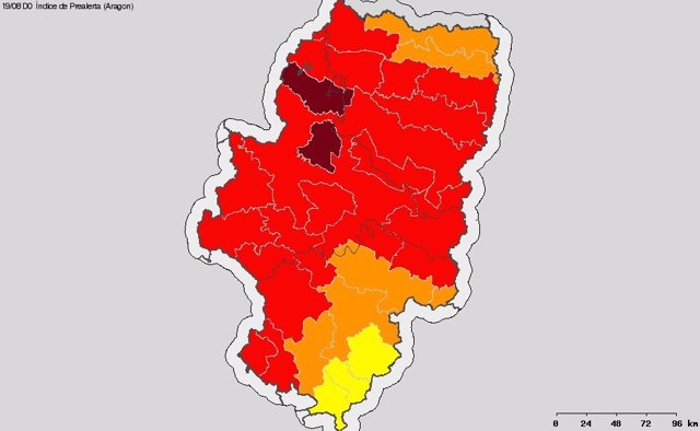 Mapa de prealerta de incendios en Aragón.
