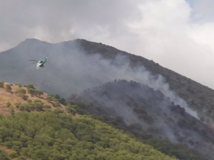 Medios aéreos trabajan en un incendio en Mijas (Málaga)