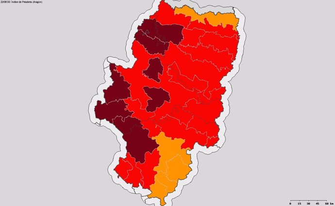 Mapa de alerta roja + por riego de incendios en Aragón