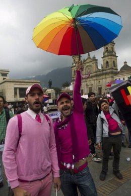 LGTB activists demonstrate outside the Colombian Congress in Bogota on April 23,