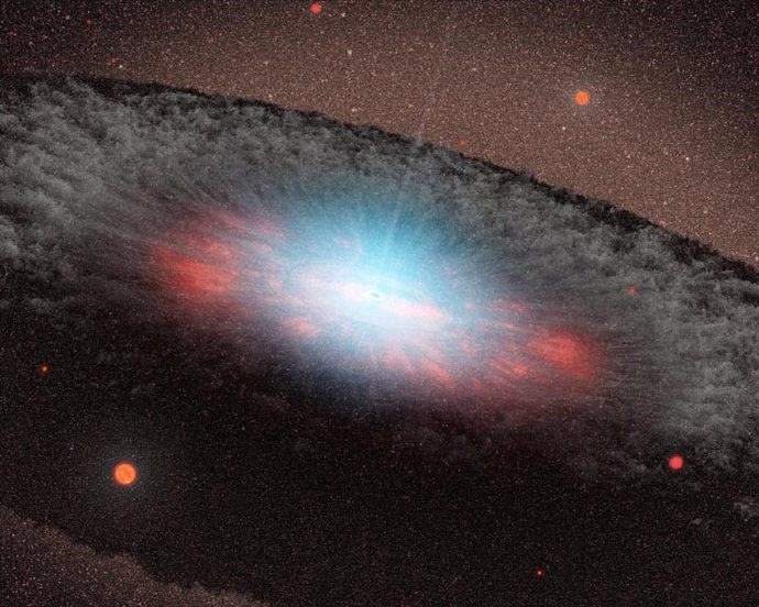 This artist's concept depicts a supermassive black hole at the center of a galax