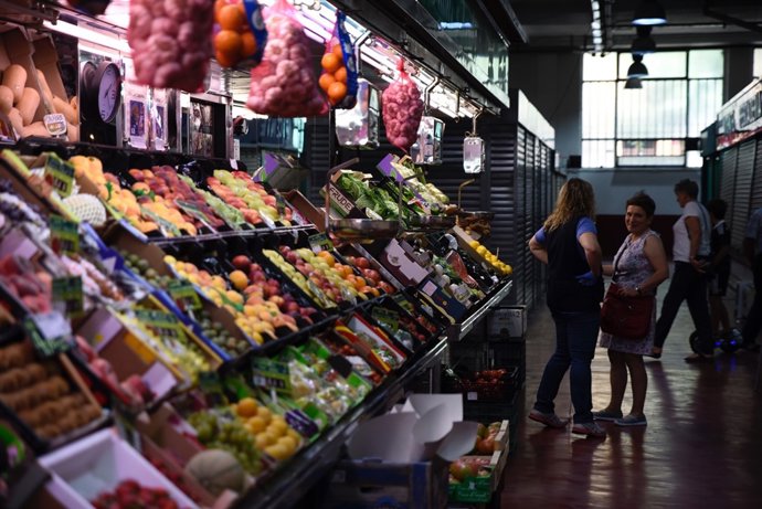 Mercado, frutas, verduras, carne, pescado, alimentos, comida