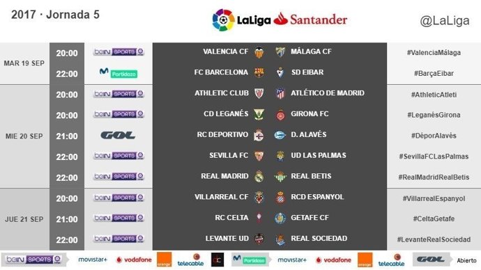 Horaris de la jornada 5 de la Lliga