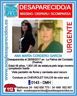 Ana María Cordero, mujer vecina de La Palma del Condado desaparecida. 