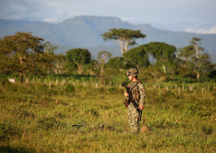 A soldier of the Military Forces of Colombia, stands guard during the army's arr