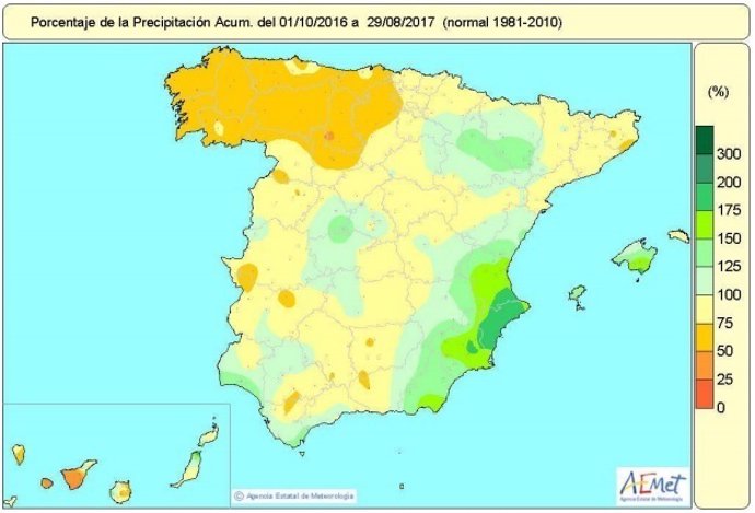 Distribución de lluvias en España del 1-10-2016 al 29-8-2017