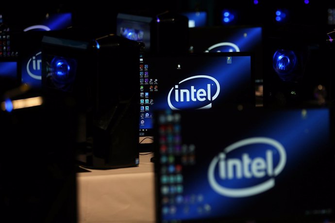 The Intel logo is displayed on computer screens at SIGGRAPH 2017 in Los Angeles,