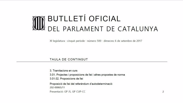 El Boletín Oficial del Parlamento catalán publica la ley del referéndum