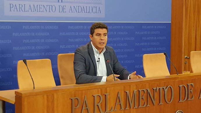 Sergio Romero (Cs), en rueda de prensa en el Parlamento andaluz