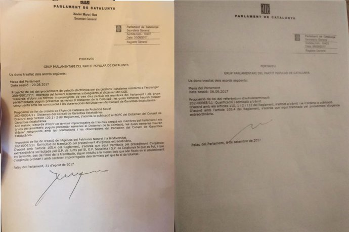 Documento sobre presuntas irregularidades de un papel de la Mesa del Parlament