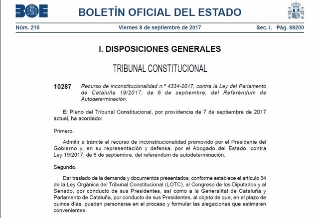 El BOE publica la admisión a trámite de los recursos por parte del TC