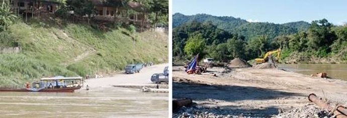 Transporte y extracción de arena en Laos. A la izquierda el río Mekong y a la de