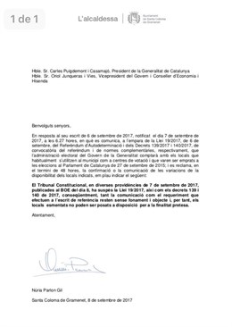Carta de l'alcaldessa de Sta.Coloma de Gramenet sobre l'1-O
