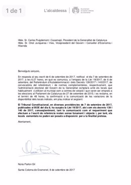 Carta de la alcaldesa de Sta.Coloma de Gramenet sobre el 1-O