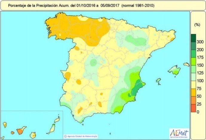 Distribución de las lluvias en España del 1-10-2016 al 5-9-2017