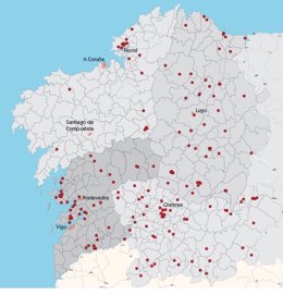 Mapa centros con transporte escolar compartido en Galicia