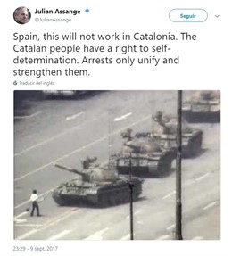 El tuit d'Assange en el qual defensa l'autodeterminació catalana
