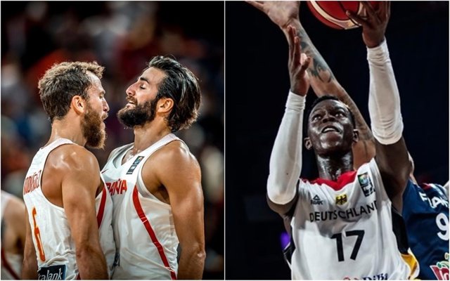 Sergio Rodríguez, Ricky Rubio y Dennis Schröder antes del Alemania - España