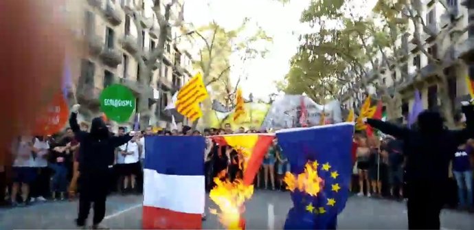 Crema de banderes a la manifestació anticapitalista de la Diada 2017