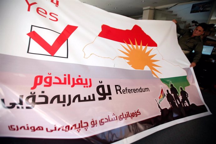 Pancarta a favor del referéndum independentista en el Kurdistán iraquí