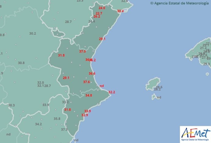 Temperaturas máximas de este jueves en la Comunitat Valenciana