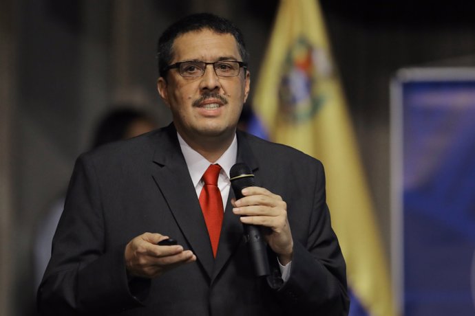 Ramon Lobo, Venezuela's Economy Vice President speaks during a press briefing at