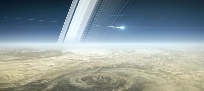 Recreación artística de la maniobra final de Cassini