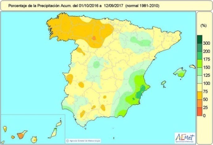 Distribución de lluvias en al año hidrológico 2016-2017 hasta el 12 septiembre