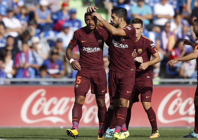 Paulinho celebra su primer gol con el FC Barcelona ante el Getafe