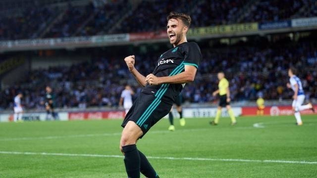 Borja Mayoral celebra un gol del Real Madrid contra la Real Sociedad 