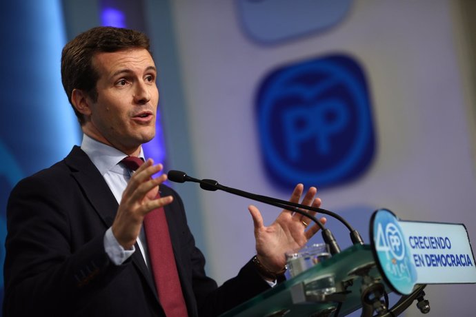 Rueda de prensa de Pablo Casado en la sede del PP